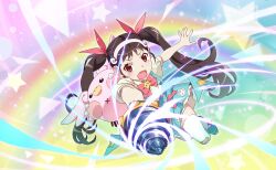  1girl animal_bag animal_print aqua_bow aqua_dress aqua_shoes artist_request attack back_bow backpack bag bandaid bandaid_on_knee bandaid_on_leg bare_arms black_hair bow bowtie brooch colorful_background determined dress drill emphasis_lines eyelashes fang fingernails footwear_bow frilled_dress frills full_body furrowed_brow game_cg hachikuji_mayoi hair_bow hairband highres jewelry light_blush light_particles long_hair magical_girl mahou_shoujo_madoka_magica mahou_shoujo_madoka_magica_magia_exedra monogatari_(series) official_art open_mouth outline outstretched_arm pinafore_dress pink_bag pink_bow pink_bowtie pink_hairband pleated_dress print_bow print_dress puffy_short_sleeves puffy_sleeves rabbit_print rainbow red_bow red_eyes shirt shoes short_dress short_sleeves skin_fang skindentation sleeveless sleeveless_dress solo star_(symbol) star_brooch star_print tareme thigh-highs third-party_source twintails very_long_hair waist_bow white_outline white_shirt white_thighhighs wind 