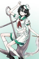  1girl anchor anchor_symbol black_boots black_hair boots collared_shirt commentary_request feet_out_of_frame gradient_background green_background green_eyes hat highres holding holding_ladle ladle liver017 midriff mini_hat neckerchief red_neckerchief shirt short_sleeves socks solo touhou white_hat white_shirt white_socks 