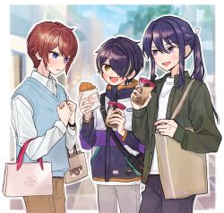  3boys 5g5kcal absurdres bag belt black_bag black_pants blonde_streaks blue_vest blush border brown_bag brown_belt brown_pants bubble_tea charm_(object) commentary_request cowboy_shot drink drooling ensemble_stars! food green_jacket grey_pants hair_ribbon highres holding holding_bag holding_drink holding_food hungry jacket kanzaki_souma long_sleeves looking_at_another male_focus multicolored_hair multicolored_jacket multiple_boys one_eye_covered open_mouth outdoors outline pants parted_lips ponytail purple_hair red_hair ribbon sengoku_shinobu shirt shopping_bag shoulder_bag smile sparkle streaked_hair suou_tsukasa sweat sweater_vest taiyaki v-shaped_eyebrows vest violet_eyes wagashi watch watch white_border white_outline white_ribbon white_shirt yellow_eyes 