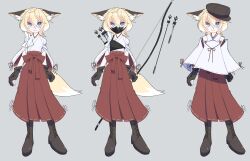  1girl animal_ear_piercing animal_ears armor arrow_(projectile) blonde_hair blue_eyes boots bow_(weapon) brown_boots brown_gloves commentary_request fang fox_ears fox_girl fox_tail full_body gloves grey_background hakama hat highres japanese_armor japanese_clothes menou_74 menpoo miko newsboy_cap original partially_fingerless_gloves red_hakama skin_fang tail tasuki variations weapon white_kosode yugake 