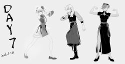  3girls absurdres breasts closed_mouth commentary dated flexing girls_band_cry greyscale hair_between_eyes highres iseri_nina kawaragi_momoka long_hair long_hair_between_eyes monochrome multicolored_hair multiple_girls open_mouth roots_(hair) rupa_(girls_band_cry) short_hair simple_background untranslatable_commentary white_background ydpfa 