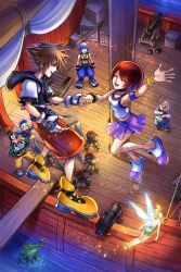  2girls antique_cannon armband bare_shoulders belt black_choker blonde_hair blue_eyes brown_hair cannonball choker closed_eyes commentary crocodile crocodilian cropped_jacket crown_necklace donald_duck dress english_commentary fairy fairy_wings fingerless_gloves flying full_body gloves goofy green_dress heartless_(kingdom_hearts) highres holding_hands hollypolllyy in-universe_location jewelry jumpsuit kairi_(kingdom_hearts) kingdom_hearts kingdom_hearts_i lace-trimmed_skirt lace_trim mast mini_person minigirl mr._smee multiple_girls necklace night nomura_tetsuya_(style) ocean outdoors pirate_costume pirate_ship plank purple_armband purple_belt purple_skirt red_hair red_jumpsuit riku_(kingdom_hearts) sail sailing_ship shoes shroud_(sailing) skirt skort smile sora_(kingdom_hearts) sparkle spiky_hair strapless strapless_dress tank_top third_wheel tinker_bell_(disney) white_tank_top wings wristband yellow_shoes 
