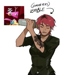  1girl arm_tattoo arms_up arrow_(symbol) black_choker black_hair black_lips black_pants black_shirt breasts character_name choker closed_eyes cocktail_shaker collared_shirt dark-skinned_female dark_skin earclip earrings english_text flower_tattoo hoop_earrings humanization jewelry medium_breasts mixing multicolored_hair necklace pants pearl_necklace piercing pink_hair screenshot shirt short_hair simple_background sleeves_rolled_up solo sophmohr spanish_commentary standing streaked_hair tattoo teeth the_amazing_digital_circus upper_body white_background zooble_(the_amazing_digital_circus) 