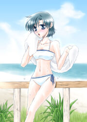  1girl against_railing beach bikini bishoujo_senshi_sailor_moon black_hair blue_eyes looking_at_viewer mizuno_ami outdoors railing solo swimsuit takano_saku towel white_bikini 