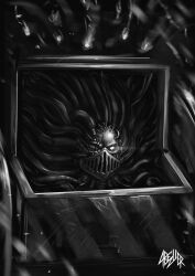  1boy abezver absurdres artificial_eye artist_name cable commentary english_commentary glowing glowing_eye gorget greyscale hair_tubes highres mask mechanical_eyes metal_mask monochrome mouth_mask no_pupils perturabo primarch scratches signature single_mechanical_eye tube warhammer_40k wire 