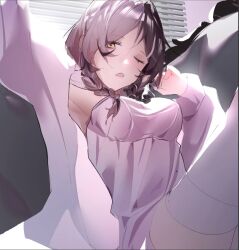  1girl arm_up armpits black_hair braid breasts grey_hair highres hololive hololive_english indoors long_hair medium_breasts meyimai multicolored_hair nightgown official_alternate_costume official_alternate_hairstyle one_eye_closed open_mouth pink_nightgown shiori_novella shiori_novella_(pajamas) solo split-color_hair twin_braids yellow_eyes 