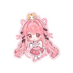  1girl :3 :o absurdly_long_hair ahoge animal animal_ears animal_on_head bare_shoulders belt black_belt black_bow black_ribbon bow bow_choker bowtie bra_strap brown_eyes cat cat_ears cat_on_head cat_tail chibi chinese_commentary choker closed_mouth clothed_animal commentary_request curious drawn_ears drawn_tail drawn_whiskers ear_covers eyelashes frilled_shirt frilled_skirt frilled_sleeves frills hair_bow hair_intakes hair_ribbon halftone happy hood hood_up infinity_nikki kneehighs layered_skirt light_blush long_hair long_sidelocks long_sleeves looking_ahead low_twintails mary_janes medium_skirt momo_(nikki) nikki_(nikki) nikki_(series) off-shoulder_shirt off_shoulder on_head open_mouth outline perfect_start_(infinity_nikki) pink_bow pink_bowtie pink_choker pink_hair pink_outline pink_shoes pink_skirt print_skirt puffy_long_sleeves puffy_sleeves ribbon ribbon-trimmed_shirt ribbon_print ribbon_trim shirt shoes sidelocks single_stripe skirt sleeves_past_wrists snowflake_print socks solid_oval_eyes striped_bow striped_bowtie striped_choker striped_clothes tail tareme transparent_background tress_ribbon twintails variant_set very_long_hair wavy_hair whiskers white_cat white_outline white_shirt white_skirt white_socks yellow_hood yitiaoanjingderyu 