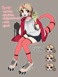  1girl artist_name black_shorts blonde_hair blue_tongue breast_conscious byway_(ergot) claws colored_tongue commentary ergot flat_chest grey_shoes horns jacket multiple_views open_mouth original red_eyes red_jacket red_thighhighs reptile_girl shirt shoes shorts simple_background sneakers stain tears thigh-highs translation_request white_shirt 