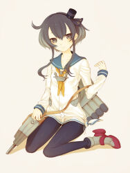  1girl anchor anchor_symbol black_hair dress gradient_hair grey_eyes grey_hair hat kantai_collection long_sleeves looking_at_viewer machino_(nidavellir) mini_hat multicolored_hair neckerchief pantyhose rigging rudder_footwear sailor_collar sailor_dress shoes short_dress short_hair short_hair_with_long_locks simple_background sitting solo tokitsukaze_(kancolle) white_dress yellow_neckerchief 