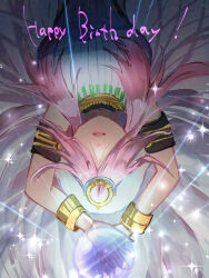  1girl arms_up bracelet breasts commentary_request crystal_ball facing_viewer from_above gold_bracelet hair_over_eyes hair_spread_out happy_birthday heaven_burns_red highres jewelry large_breasts light_particles long_hair open_mouth own_hands_together pink_hair ribbed_sweater rin_0101010 sakuraba_seira sidelocks sleeveless sleeveless_sweater solo sparkle sweater upper_body upside-down very_long_hair 