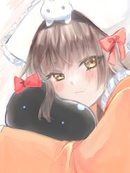  1girl alternate_costume animal_on_head apron asakura_karen_(heaven_burns_red) blush bow brown_hair cat cat_on_head cheek_press closed_mouth commentary_request creature_hug dress enmaided eyes_visible_through_hair hair_between_eyes hair_bow headscarf heaven_burns_red highres hug long_sleeves looking_at_viewer maid maid_apron narby_(heaven_burns_red) o_o on_head orange_dress pink_background red_bow rin_0101010 sidelocks simple_background sketch slime_(creature) solo upper_body white_headscarf yellow_eyes 