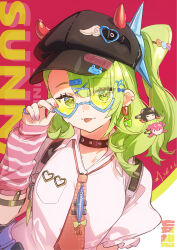  1girl adjusting_eyewear aria_(zenless_zone_zero) arm_warmers black_hat blue-framed_eyewear character_hair_ornament character_name collar collarbone commentary earrings green-tinted_eyewear green_eyes green_hair hair_ornament hairclip hat heart heart-shaped_eyewear highres hokushuu jewelry looking_at_viewer multiple_hair_clips nangong_yu necktie pink_arm_warmers pink_nails red_background red_necktie shirt solo striped_arm_warmers sunglasses sunna_(zenless_zone_zero) tinted_eyewear tongue tongue_out untranslatable_commentary upper_body white_shirt zenless_zone_zero 