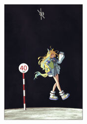  1girl animal_ears aqua_hair artemis_ii badge bare_legs black_background blonde_hair blue_eyes border button_badge colored_inner_hair commentary ear_ornament goripan high_tops highres horse_ears horse_girl horse_tail long_hair long_sleeves looking_at_viewer lunar_surface moon multicolored_hair multicolored_outline negative_space neo_universe_(umamusume) neo_universe_(universe-naut)_(umamusume) on_moon orion_(spacecraft) pole shoes sidelighting signature sleeves_past_fingers sleeves_past_wrists sneakers space sparkle_hair_ornament tail twitter_username two-tone_hair umamusume walking white_border white_shoes wide_shot zero_gravity 