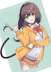  1girl :d animal asakura_karen_(heaven_burns_red) border bow bowtie brown_hair brown_skirt cat cat_tail chroemaguro collared_shirt cowboy_shot green_background hair_tie heaven_burns_red highres holding holding_animal holding_cat hood hoodie looking_at_viewer low_twintails open_mouth orange_hoodie plaid_clothes plaid_skirt red_bow red_bowtie shirt simple_background skirt smile solo sweater tail turtleneck twintails two-tone_background v white_border white_cat white_sweater yellow_eyes 
