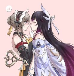  2girls bare_shoulders blue_eyes blush bonnet breasts brown_hair closed_eyes columbina_(genshin_impact) commentary detached_collar detached_sleeves dress face-to-face finger_to_another's_mouth genshin_impact hair_ornament highres long_hair multicolored_hair multiple_girls nonoberry22 sandrone_(genshin_impact) simple_background streaked_hair two-tone_hair untranslatable_commentary upper_body very_long_hair white_dress wing_hair_ornament yuri 