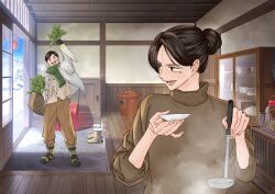  1boy 1girl absurdres brown_sweater commentary_request daikon day door food green_scarf hair_bun higashimachi_saki highres holding holding_food holding_vegetable husband_and_wife jacket kotomaru ladle looking_back misumi_aoteru mole mole_under_eye nippon_sangoku parted_bangs radish scarf shoes smile sweater turtleneck turtleneck_sweater vegetable white_jacket 