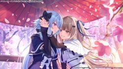  2girls arm_at_side arm_up artist_request assault_lily black_bow black_ribbon blue_hair blue_ribbon blunt_bangs bow braid brown_eyes brown_hair buttons capelet center_frills cherry_blossoms closed_mouth commentary_request copyright_notice cropped_jacket day detached_sleeves eye_contact face-to-face falling_petals fang fang_out floating_hair flower frilled_shirt frills grin hair_between_eyes hair_bow hair_ornament hair_ribbon hairclip hand_on_another's_hand hand_up heads_together holding holding_petal hood hood_down jewelry long_hair long_sleeves looking_at_another low_ponytail mori_tatsuki multiple_girls neck_ribbon official_art oil-paper_umbrella one_side_up outdoors parted_lips petals pink_flower ponytail railing ribbon ring school_uniform shirt short_sleeves side_braid sleeve_bow sleeves_past_wrists smile tada_shiera tree umbrella underbust upper_body very_long_hair violet_eyes white_bow white_capelet white_shirt wooden_railing yuri yurigaoka_girls_academy_school_uniform 