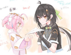 2girls adoptive_parent_and_adoptive_child aemeath_(wuthering_waves) aemeath_(young)_(wuthering_waves) black_gloves black_jacket breasts closed_mouth commentary_request dress earrings female_rover_(perpetual_spark)_(wuthering_waves) female_rover_(wuthering_waves) fingerless_gloves gloves hair_ornament holding holding_paper_airplane jacket jewelry long_hair low_ponytail medium_breasts mother_and_child mother_and_daughter multiple_girls open_mouth orange_eyes paper_airplane parent_and_child pink_hair ponytail rover_(wuthering_waves) smile star-shaped_pupils star_(symbol) starblame symbol-shaped_pupils triangle_earrings white_dress wuthering_waves 