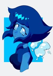  1girl animification blue_background blue_eyes blue_hair blue_shirt blue_skin border breasts colored_skin commentary cropped_torso detached_wings facetnine from_above grey_border highres lapis_lazuli_(steven_universe) looking_at_viewer looking_up medium_breasts outside_border shirt short_hair sidelocks sleeveless sleeveless_shirt solo steven_universe wings 