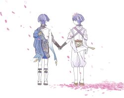  2boys absurdres armor arms_at_sides belt black_bodysuit black_shorts blue_cape blunt_ends bodysuit bridal_gauntlets brown_sandals brown_sash cape clothing_cutout daydreeaaaming dual_persona facing_another facing_away falling_petals from_behind full_body furisode genshin_impact geta gold grey_belt grey_bridal_gauntlets grey_sandals highres holding_hands japanese_armor japanese_clothes kariginu kimono kote kurokote leg_warmers male_focus multicolored_hair multiple_boys open_mouth pants petals petals_on_ground pink_petals purple_hair purple_rope purple_sash purple_sleeves rope sandals sash scaramouche_(genshin_impact) scaramouche_(kabukimono)_(genshin_impact) short_sleeves shorts shoulder_cutout side_cape sleeves_rolled_up standing stirrup_legwear streaked_hair tassel tasuki toeless_legwear turtleneck turtleneck_bodysuit wanderer_(genshin_impact) white_background white_hair white_kimono white_leg_warmers white_pants white_sleeves zouri 