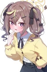  >:( 1girl black_bow black_ribbon black_skirt blonde_streaks blue_archive blush bow bright_pupils cardigan closed_mouth collared_shirt commentary_request cowboy_shot eyelashes finger_to_mouth frown hair_bow hair_ornament hair_ribbon hairclip halo hand_on_own_hip hand_up highres index_finger_raised looking_at_viewer multicolored_hair neck_ribbon rena_(blue_archive) revision ribbon shinori_(efvbji6264) shirt sidelocks simple_background skirt solo streaked_hair tsurime twintails two-tone_hair v-shaped_eyebrows white_background white_pupils white_shirt x_hair_ornament yellow_cardigan yellow_halo 