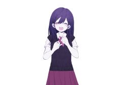  1girl :d ^_^ black_sweater_vest blush closed_eyes collared_shirt colored_skin double-parted_bangs facing_viewer hair_behind_ear hair_between_eyes hair_over_shoulder hands_up hatching_(texture) heart highres mari_(headspace)_(omori) mari_(omori) medium_hair my_loleeta neckerchief omori open_mouth purple_hair red_neckerchief red_skirt round_teeth shirt short_sleeves simple_background skirt smile solo straight-on sweater_vest teeth upper_body upper_teeth_only white_background white_shirt white_skin 