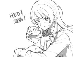  1girl bang_dream! bang_dream!_it's_mygo!!!!! blush closed_mouth commentary food greyscale happy_birthday holding holding_food medium_hair monochrome nanami_(nunnun_0410) simple_background solo timoris_(bang_dream!) translated unfinished white_background yahata_umiri 