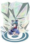  blue_eyes blue_hair bow cirno elking hair_ribbon ice ice_cube ribbon sitting solo touhou wings 