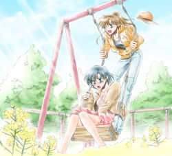  2girls bishoujo_senshi_sailor_moon blouse denim flower jacket jeans kino_makoto mizuno_ami multiple_girls on_swing one_eye_closed open_clothes open_jacket outdoors pants ponytail shirt skirt smile swing swing_set t-shirt takano_saku 