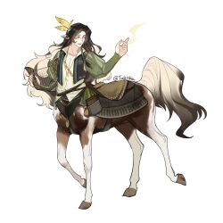  1boy :d animal_ears artist_name belt belt_pouch black_vest blue_eyes book braid brown_hair centaur collarbone colored_inner_hair commentary facial_mark feather_hair_ornament feathers full_body green_sleeves hair_ornament hand_up harp highres holding_harp hooves horse_ears horse_tail instrument long_hair long_sleeves looking_to_the_side lower_teeth_only male_focus monster_boy multicolored_hair multiple_legs open_clothes open_mouth open_vest original parted_bangs pouch puffy_long_sleeves puffy_sleeves shirt sidelocks simple_background smile solo standing tabitha_qu tail taur teeth two-tone_hair very_long_hair vest white_background white_hair white_shirt 