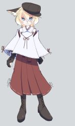  1girl animal_ear_piercing animal_ears blonde_hair blue_eyes boots brown_boots brown_gloves commentary_request fang fox_ears fox_girl fox_tail full_body gloves grey_background hakama hat highres japanese_clothes menou_74 miko newsboy_cap original partially_fingerless_gloves red_hakama skin_fang tail white_kosode yugake 