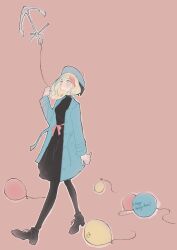  1girl alternate_costume alternate_hair_length_(shorter) anchor balloon beret black_boots black_dress black_pantyhose blonde_hair blue_coat blue_eyes blue_hair blue_hat blush boots closed_mouth coat commandant_teste_(kancolle) commentary_request dress english_text full_body hat highres holding kantai_collection long_sleeves looking_up multicolored_hair nanakoma pantyhose pink_background red_hair simple_background solo streaked_hair walking 