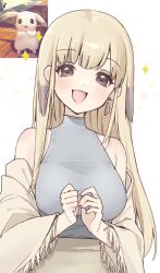 1girl artist_name bare_shoulders blonde_hair bluesky_username blush breasts brown_skirt chami_(charming621) colored_tips commentary curled_fingers dot_nose earrings fingernails fringe_trim game_screenshot_inset grey_eyes grey_hair grey_sweater highres jewelry long_hair looking_at_viewer medium_breasts multicolored_hair off_shoulder open_mouth peakychu personification pikachu pokemon pokemon_(creature) pokemon_pokopia reference_inset screenshot_inset simple_background skirt sleeveless sleeveless_sweater sleeveless_turtleneck smile solo sparkle sweater sweater_tucked_in turtleneck turtleneck_sweater twitter_username two-tone_hair upper_body w_arms watermark white_background 