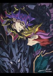  2boys ai_(yu-gi-oh!) black_hair blonde_hair bodysuit brown_hair character_request duel_monster earrings fujiki_yusaku green_bodysuit green_eyes highres jewelry kasanashiameari male_focus multicolored_hair multiple_boys playmaker_(yu-gi-oh!) purple_hair spiky_hair yellow_eyes yu-gi-oh! yu-gi-oh!_vrains 
