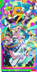  1girl abstract abstract_background absurdres aqua_hair bare_shoulders bubble colorful colorful_background confetti crop_top dynamic_pose english_text floating frilled_skirt frills green_eyes hair_ornament halftone hatsune_miku highres long_hair looking_up midriff miku_day navel open_mouth pop_art psychedelic skirt solo spheres star_(symbol) star_hair_ornament twintails vocaloid yuyufufu 