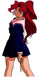  1990s_(style) 1girl :| anime_coloring blue_serafuku blue_shirt blue_skirt closed_mouth commentary curtained_hair expressionless faux_retro_artstyle feet_out_of_frame from_behind hair_tie head_tilt high-waist_skirt high_ponytail holding light_blush long_hair long_sleeves looking_at_viewer looking_back matsuda_remi microsoft_paint_(medium) miniskirt noobboy_02 ponytail red_hair retro_artstyle sailor_collar school_uniform serafuku shirt sidelighting simple_background skirt transparent_background violet_eyes wavy_hair white_sailor_collar zutto_issho 
