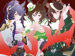  3girls animal_ears belly birthday black_hair brown_hair character_request commentary_request copyright_request echoo hair_ornament happy_birthday high_ponytail highres horse_ears horse_girl long_hair mr._c.b._(umamusume) multiple_girls ponytail red_background short_hair tagme white_hair 
