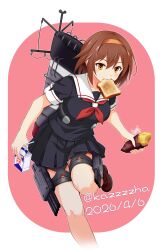  1girl absurdres black_shirt black_skirt bread bread_slice brown_eyes brown_hair brown_shoes dated drink_carton feet_out_of_frame food food_in_mouth hairband highres kantai_collection kazzha loafers milk_carton mouth_hold neckerchief one-hour_drawing_challenge orange_hairband pleated_skirt red_neckerchief rigging sailor_collar sailor_shirt school_uniform serafuku shiratsuyu_(kancolle) shirt shoes short_hair skirt smokestack solo standing standing_on_one_leg swet_potato thigh_strap toast toast_in_mouth torpedo_launcher twitter_username white_sailor_collar 