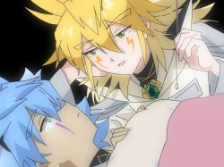  2boys alien_888 annoyed antenna_hair arm_rest black_background blanket blonde_hair blue_eyes blue_hair coat facial_mark facing_another green_eyes hair_between_eyes half-closed_eyes hand_rest high_collar highres holding holding_string kuaidul_velgear leaning_to_the_side looking_at_another lying male_focus multiple_boys on_back parody spiky_hair string style_parody under_covers white_coat yu-gi-oh! yu-gi-oh!_go_rush!! yudias_velgear 