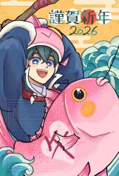  1boy 1other 2026 aqua_hair blue_eyes commentary_request fish fish_hat fishing_rod hair_between_eyes highres holding holding_fishing_rod japanese_clothes looking_at_viewer male_focus open_mouth rune_factory rune_factory:_guardians_of_azuma translation_request watarase_(rune_factory) ykw_rf 