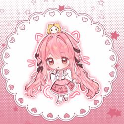  1girl :3 :o absurdly_long_hair ahoge animal animal_ears animal_on_head bare_shoulders belt black_belt black_bow black_ribbon bow bow_choker bowtie bra_strap brown_eyes cat cat_ears cat_on_head cat_tail chibi chinese_commentary choker closed_mouth clothed_animal commentary_request curious drawn_ears drawn_tail drawn_whiskers ear_covers eyelashes frilled_shirt frilled_skirt frilled_sleeves frills hair_bow hair_intakes hair_ribbon halftone halftone_background happy hood hood_up infinity_nikki kneehighs layered_skirt light_blush long_hair long_sidelocks long_sleeves looking_ahead low_twintails mary_janes medium_skirt momo_(nikki) nikki_(nikki) nikki_(series) off-shoulder_shirt off_shoulder on_head open_mouth outline perfect_start_(infinity_nikki) pink_background pink_bow pink_bowtie pink_choker pink_hair pink_shoes pink_skirt print_skirt puffy_long_sleeves puffy_sleeves ribbon ribbon-trimmed_shirt ribbon_print ribbon_trim shirt shoes sidelocks single_stripe skirt sleeves_past_wrists snowflake_print socks solid_oval_eyes star_(symbol) striped_bow striped_bowtie striped_choker striped_clothes tail tareme tress_ribbon twintails two-tone_background variant_set very_long_hair wavy_hair whiskers white_background white_cat white_outline white_shirt white_skirt white_socks yellow_hood yitiaoanjingderyu 