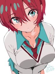  1girl amate_yuzuriha aqua_eyes aqua_shirt aqua_skirt blush breasts closed_mouth collared_shirt commentary_request gundam gundam_gquuuuuux highres long_sleeves looking_at_viewer necktie red_hair school_uniform shirt short_hair simple_background skirt solo sweater ukitamilk white_background 