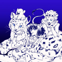  2boys animal animal_ears black_hair blue_background blue_eyes blunt_bangs bob_cut bruno_bucciarati clothing_cutout collared_jacket commentary_request furrification furry giorno_giovanna gradient_background green_eyes highres jacket jojo_no_kimyou_na_bouken leopard lion lion_boy lion_cub lion_ears lion_tail long_hair long_sleeves luminous_slime multiple_boys partially_colored pectoral_cleavage pectorals polka_dot sitting smile snow_leopard snow_leopard_boy snow_leopard_ears snow_leopard_tail spotted_fur tail vento_aureo victory_rolls zipper 