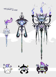  absurdres chandelure dated fire ghost ghost_type_theme_(pokemon) highres lampent litwick pokemon pokemon_(creature) signature staff sukepmonster wand weapon weapon_focus white_background yellow_eyes 