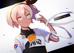  1girl arm_up atltax_00 bandages bandaid bandaid_on_cheek bandaid_on_face bea_(pokemon) black_hairband blonde_hair border character_name dappled_sunlight english_text facing_to_the_side grey_eyes hairband jersey letterboxed light_particles ornate_border pokemon pokemon_sword_and_shield shirt short_hair sunlight tan two-tone_background two-tone_shirt upper_body white_background white_shirt 