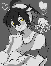  2boys blush collared_shirt commentary_request crossed_bangs florian_(pokemon) gloves greyscale grin hair_between_eyes hairband hat heart highres holding holding_sign hugging_own_legs jacket kieran_(pokemon) long_hair long_sleeves looking_at_viewer male_focus monochrome multicolored_hair multiple_boys off_shoulder open_mouth pokemon pokemon_scarlet_and_violet shirt sign simple_background slit_pupils smile solo_focus sweat tank_top translation_request very_long_hair yataba yellow_eyes 