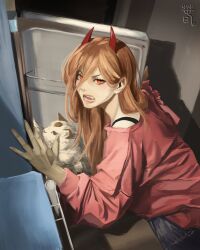  1girl absurdres blonde_hair blue_shorts cat chainsaw_man cross-shaped_pupils demon_girl demon_horns denim denim_shorts hair_between_eyes highres horns indoors long_hair long_hair_between_eyes meowy_(chainsaw_man) open_mouth pink_sweater power_(chainsaw_man) red_horns refrigerator sharp_teeth shorts sleemonkv solo sweater symbol-shaped_pupils teeth yellow_eyes 