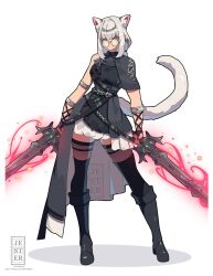  1girl animal_ear_fluff animal_ears armlet belt black_boots black_capelet black_thighhighs boots breasts capelet cat_ears cat_girl cat_tail commission dress dual_wielding energy fingerless_gloves glasses gloves glowing glowing_sword glowing_weapon hair_between_eyes hair_tie highres holding holding_weapon jesternalagon jewelry light_particles medium_hair miniskirt multiple_belts multiple_swords multiple_weapons original ponytail round_eyewear side_capelet silver_armlet single_bare_shoulder skirt slit_pupils snow_leopard_ears snow_leopard_girl snow_leopard_tail sword tail thigh-highs thigh_gap thighhighs_under_boots viper_(final_fantasy) weapon white_background white_tail 