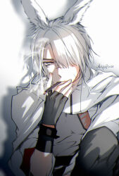 1boy animal_ears arknights bishounen black_gloves black_pants blue_eyes cigar cigarette commentary_request drop_shadow fingerless_gloves frostnova_(arknights) genderswap genderswap_(ftm) gloves hair_over_one_eye highres holding knee_up ljayu looking_at_viewer male_focus pants rabbit_boy rabbit_ears scar scar_on_face scar_on_nose shadow shirt short_hair simple_background sitting smoke smoking solo white_background white_hair 