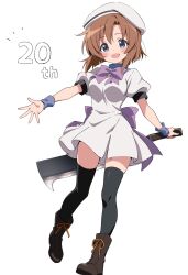  1girl :d anniversary back_bow black_thighhighs blue_eyes blush boots bow bowtie breasts brown_boots brown_hair dress full_body hat highres higurashi_no_naku_koro_ni holding looking_at_viewer medium_breasts nata_(tool) niyane open_mouth purple_bow purple_bowtie ryuuguu_rena short_dress short_hair short_sleeves simple_background smile solo standing standing_on_one_leg thigh-highs white_background white_dress white_hat zettai_ryouiki 